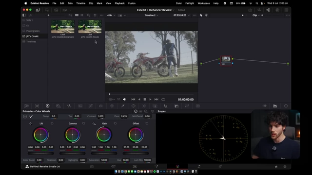 DaVinci Resolve interface showing the CineKit Powergrade versions (Dehancer and Stock)