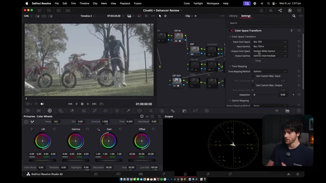 CineKit Powergrade's Color Space Transform (CST) in node, converting footage to DaVinci Wide Gamut