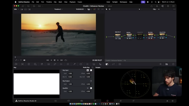 Enabling effects like radial blur and halation within the stock CineKit for the sunset grade