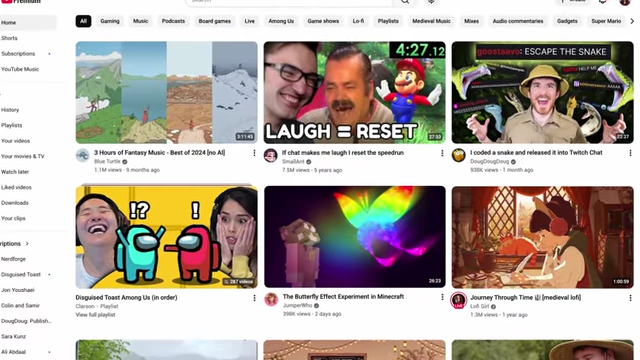 Example of a typical YouTube homepage personalized to the viewer's interests