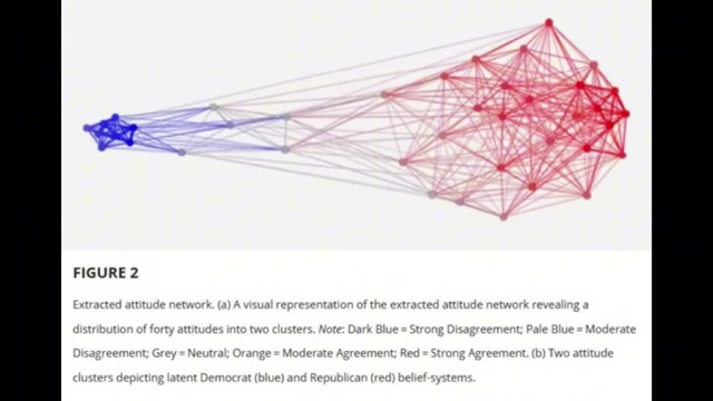 Extracted attitude network showing low diversity of thought on the left (blue cluster) and high diversity on the right (red cluster).