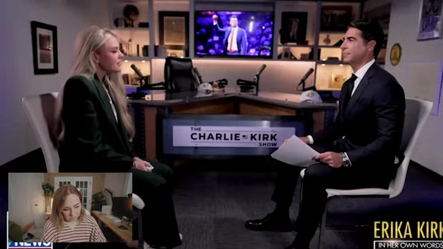 Erika Kirk speaks softly in an interview, creating a pensive atmosphere.