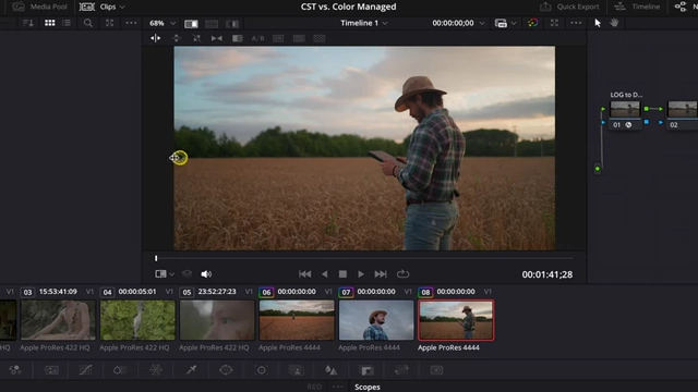 Visual comparison of clips processed using Color Management and CST workflow, showing identical results