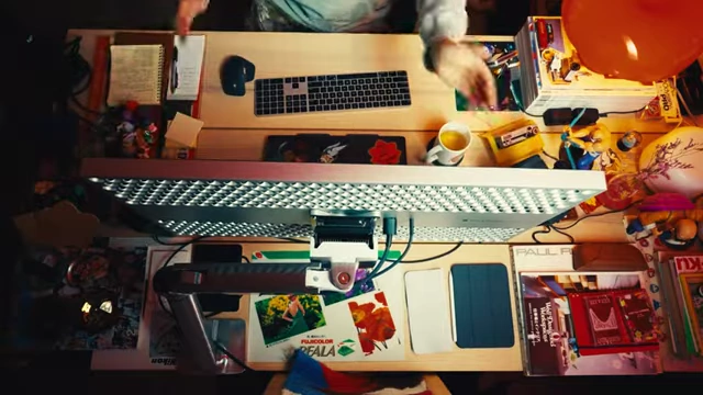 An overhead shot of the creator's desk, showcasing an organized setup with monitor, keyboard, mouse, and other tools, ready for recording.