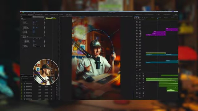 A screenshot of Adobe Premiere Pro's editing timeline, with the creator's face visible in a small window, showing a complex video project.
