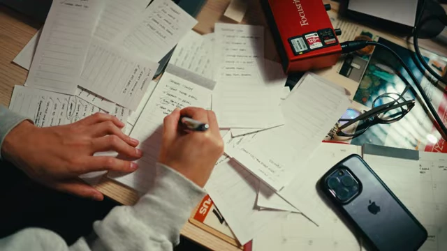 An overhead shot of a desk cluttered with notes and a phone, showing the brainstorming process.