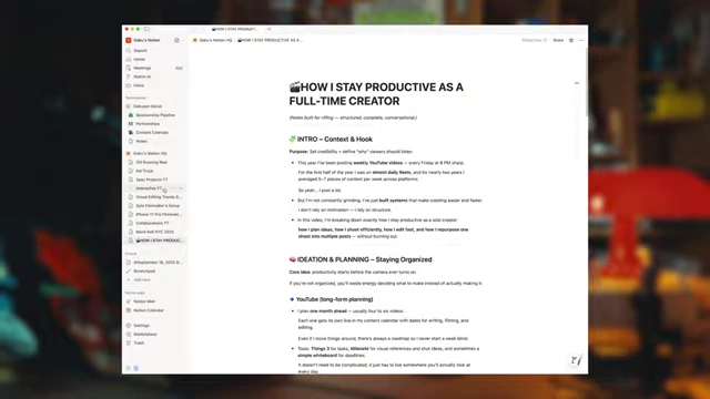A Notion document outlining a content plan, demonstrating how AI can help structure ideas and scripts.