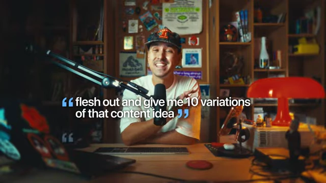 An on-screen text overlay with the quote: "flesh out and give me 10 variations of that content idea".