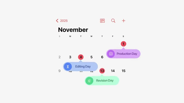 A calendar view showing specific dates allocated for "Production Day," "Editing Day," and "Revision Day."