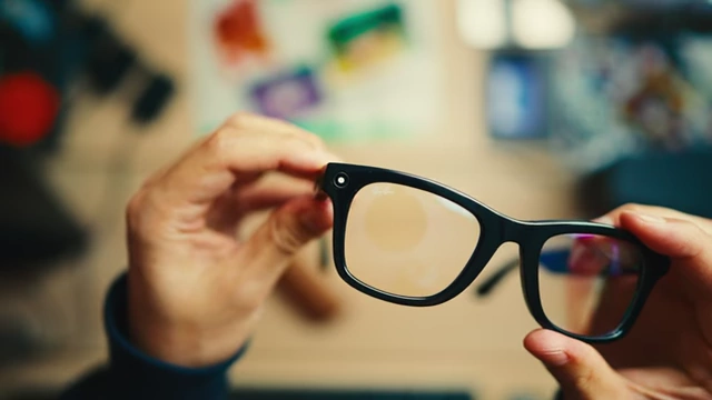 Close-up of Ray-Ban Meta AI smart glasses, which can capture point-of-view footage.