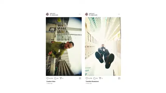 Two Instagram posts side-by-side, showcasing a "Creative Video" and a "Transition Breakdown" from the same shoot.