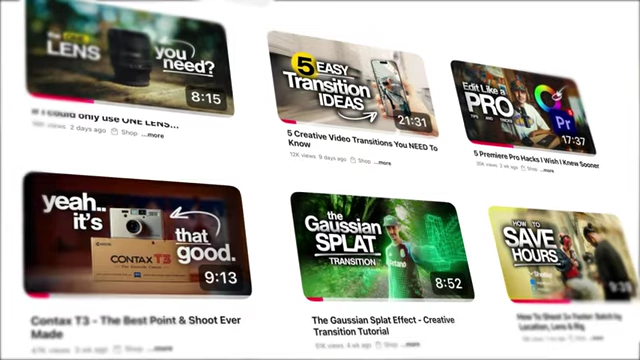 A grid of YouTube video thumbnails, showcasing diverse content types from camera reviews to transition tutorials.