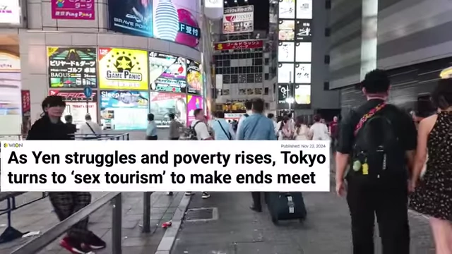 News headline indicating Tokyo is turning to sex tourism as the yen struggles and poverty rises.