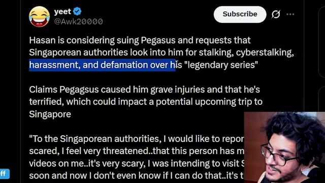 Tweet summarizing Hasan's legal threats against MorePegasus