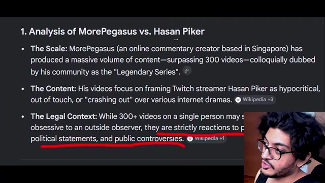 AI analysis of MorePegasus's videos legal context, emphasizing public controversies