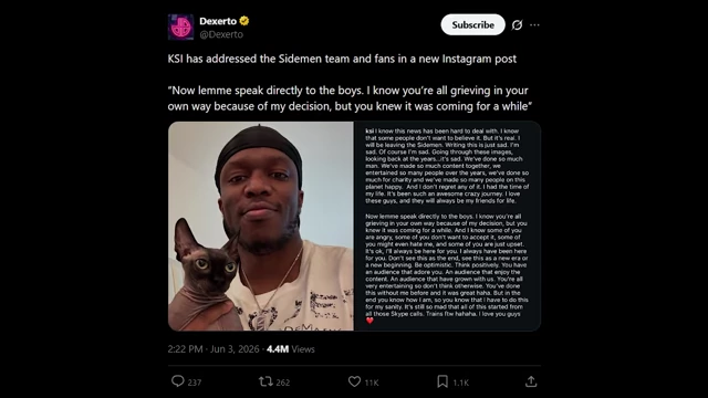 Dexerto tweet announcing KSI's departure from The Sidemen