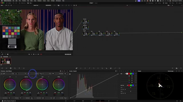 The DaVinci Resolve color page with the vectorscope open, showing how changing the contrast with the node's blend mode set to luminosity maintains saturation.