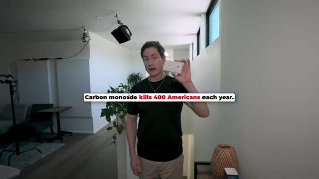 Bryan Johnson holding a carbon monoxide detector, with on-screen text stating that carbon monoxide kills 400 Americans each year.