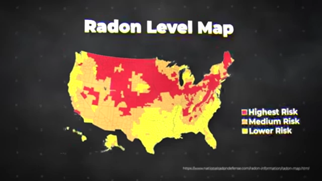 A map of the United States displaying radon risk levels across different regions, categorized as highest, medium, and lower risk.