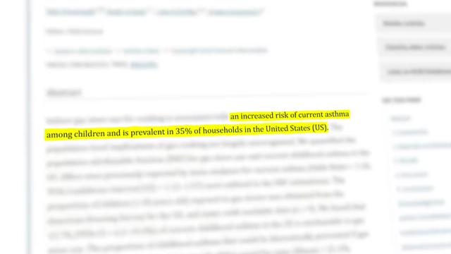 Highlighted text from a scientific paper states that gas stoves are linked to an increased risk of asthma in children and are prevalent in 35% of US households.