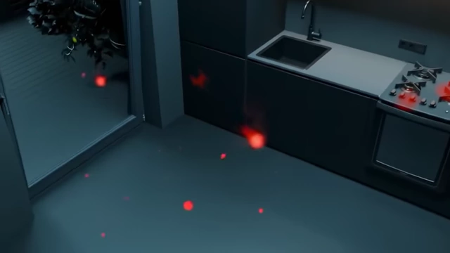 Animated representation of airborne pollutants drifting into a kitchen through windows and from a gas stove.