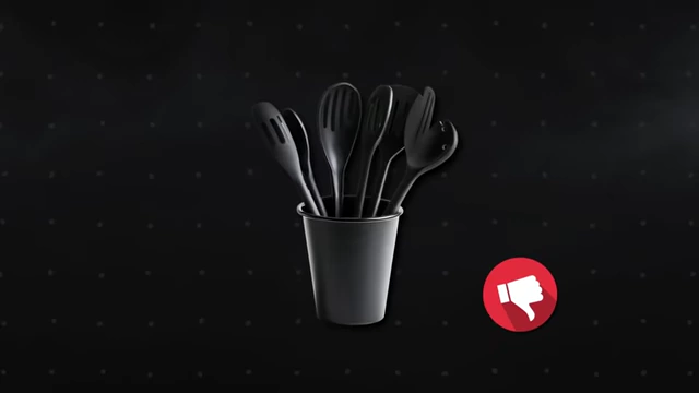 A graphic shows black plastic kitchen utensils with a 'thumbs down' icon, advising against their use.