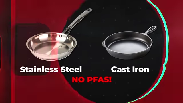 An infographic comparing stainless steel and cast iron cookware, emphasizing that both are free of PFAS.