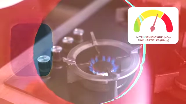 An infographic showing a gas burner and a gauge indicating spikes in nitrogen dioxide and fine particles when in use.