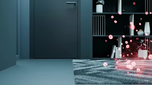 An animation shows dust, allergens, and microbes accumulating on a carpet, highlighting its tendency to store contaminants.