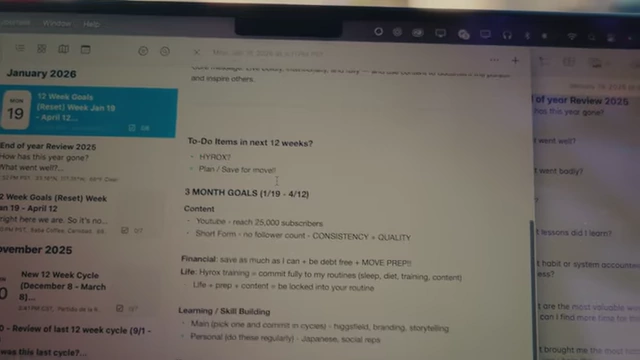 Laptop screen displaying "To-Do items in next 12 weeks" and "3 MONTH GOALS" categories