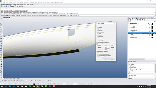 The 'Match Surf' dialog box for ensuring surface continuity (tangency or curvature)