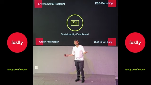 Sustainability Dashboard features including Environmental Footprint, ESG Reporting, Green Automation, and Built In to Fastly