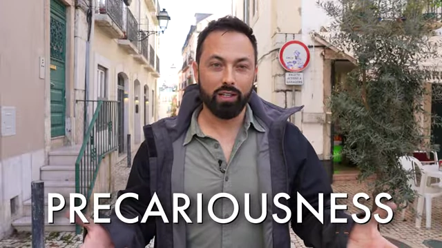 Derek Muller speaking, with the word "PRECARIOUSNESS" overlaid, highlighting a key challenge for creators.