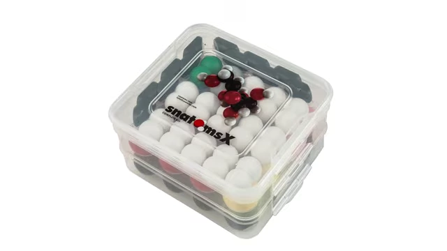 The "Snatoms" magnetic molecular modeling kit in its packaging, one of Derek Muller's few ventures into merchandise.