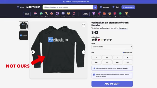 A screenshot of an unofficial Veritasium hoodie for sale on TeePublic, explicitly labeled "NOT OURS" by Derek Muller.
