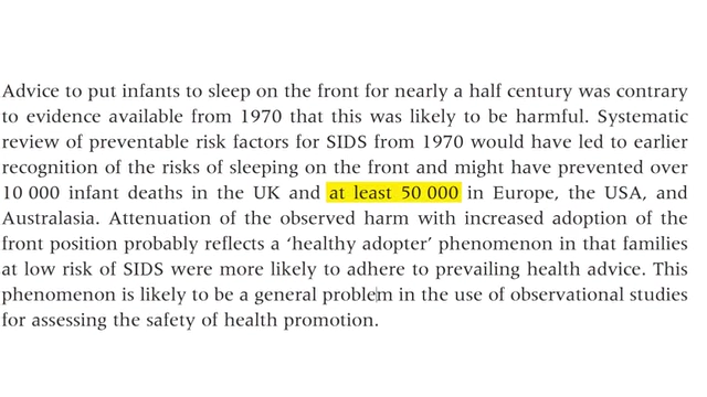 A text excerpt from a study, highlighting that "at least 50 000" infant deaths were preventable due to outdated advice.