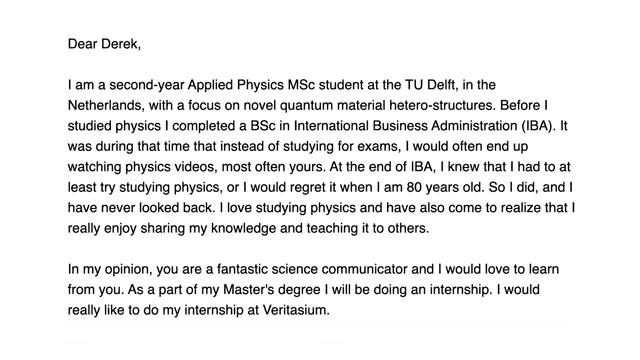An email from Casper requesting an internship at Veritasium, illustrating the start of an unconventional hiring process.