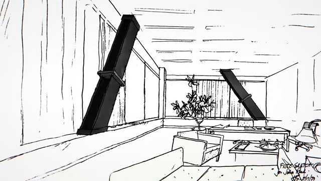 A stylized black and white sketch of architectural elements leaning inwards, depicting the structural issues of the Citycorp Tower.
