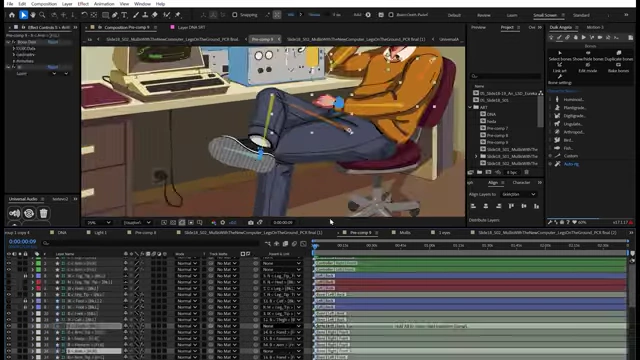 A screenshot of animation software displaying the rigging and layers for a character, showing the detailed animation process.