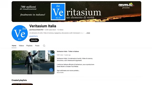 A screenshot of the "Veritasium Italia" YouTube channel, showcasing the channel's expansion into dedicated foreign language content.