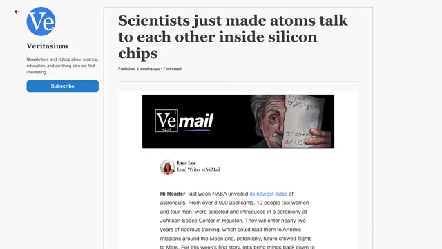 A screenshot of the Veritasium science newsletter, "VeMail," featuring an article about atoms in silicon chips.