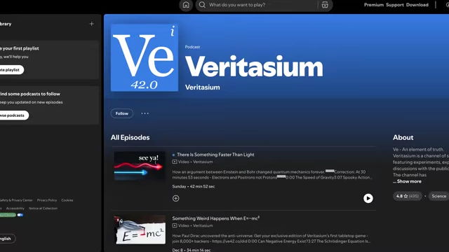 A screenshot of the Veritasium podcast page on Spotify, listing episodes.