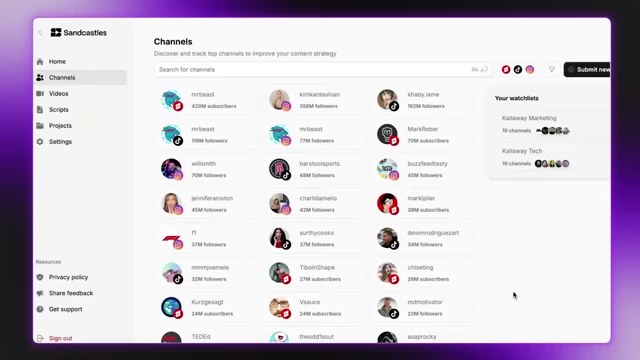 The channels tab in Sandcastles.ai, where users can build watchlists of creators