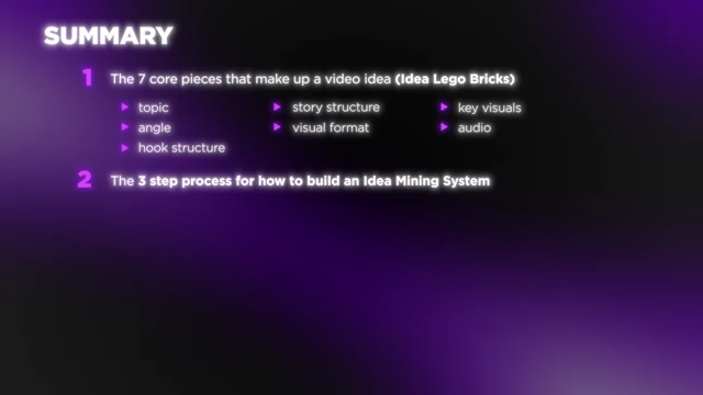 A recap of the video's main points, including the 7 Idea Legos and the 3-step Idea Mining System