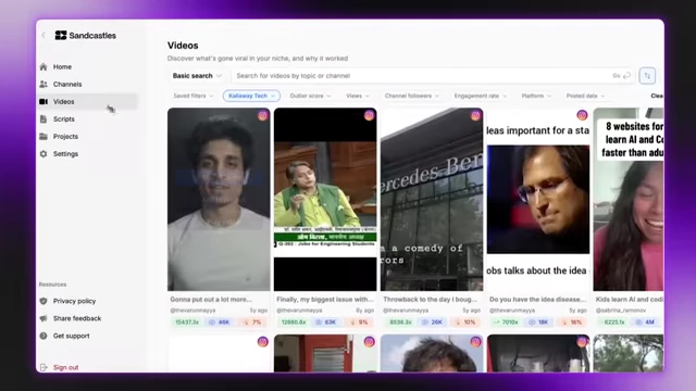 An overview of the Sandcastles.ai "Videos" tab with various video cards