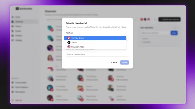 A dialog box for submitting a new channel in Sandcastles.ai, showing platform options