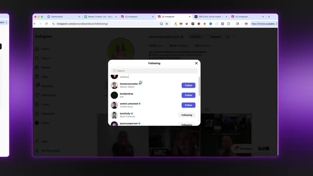 A list of accounts an Instagram influencer is following, useful for discovering relevant creators