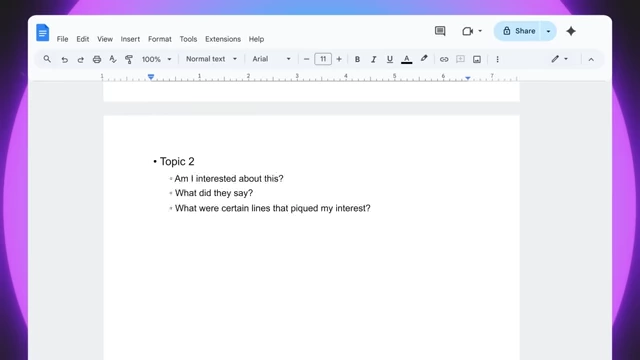 A Google Doc template illustrating questions for analyzing a video's topic