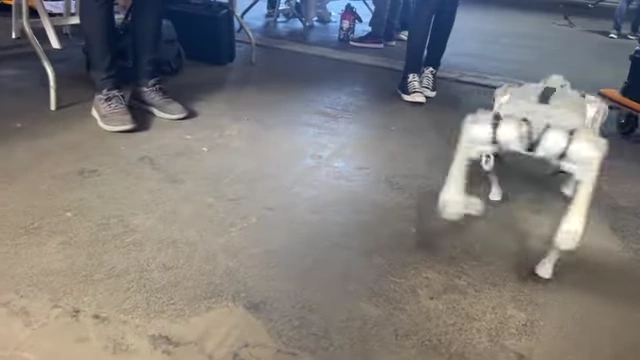 A small white robot dog walks on the convention floor.
