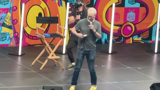 Adam Savage speaking on the main stage at Open Sauce.
